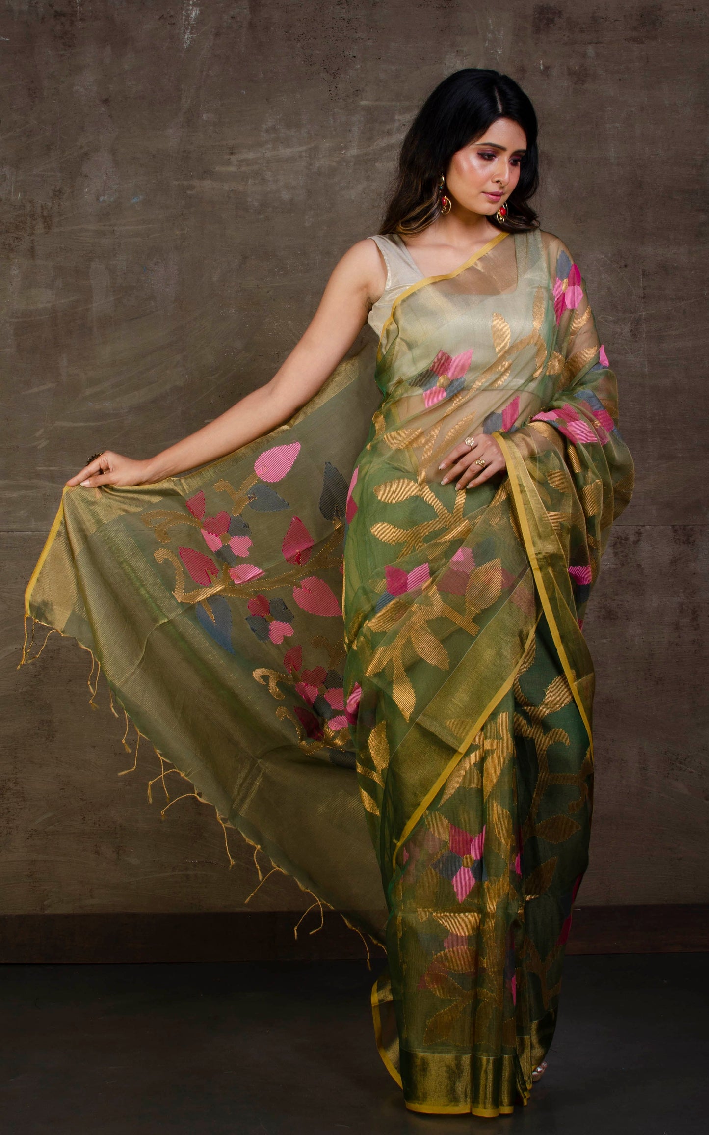 Muslin Silk Jamdani Saree in Dark Olive Green, Gold Zari and Multicolored Thread Work