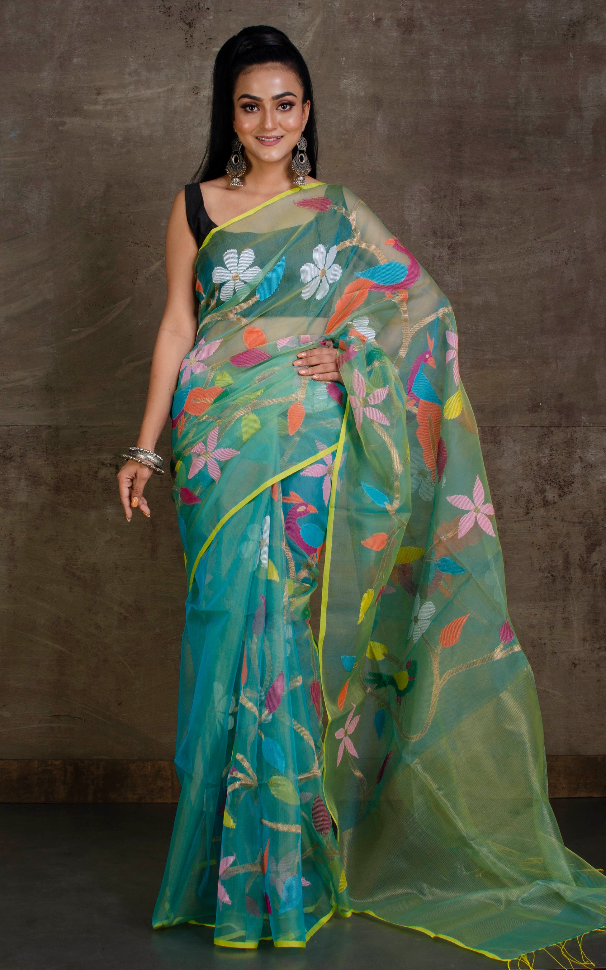 Peacock and Floral Motif Work Muslin Silk Jamdani Saree in Tiffany Blue, Yellow and Multicolored Thread Work