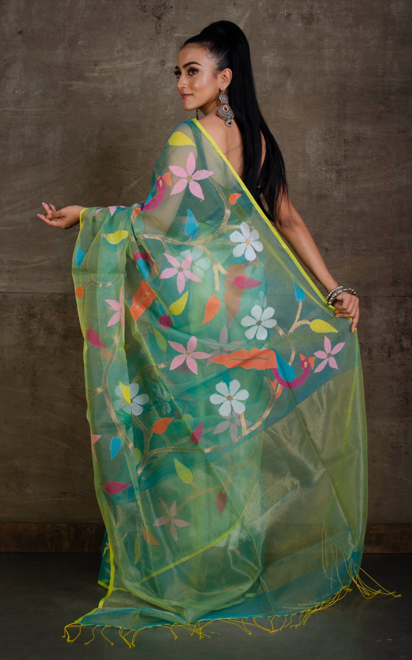 Peacock and Floral Motif Work Muslin Silk Jamdani Saree in Tiffany Blue, Yellow and Multicolored Thread Work