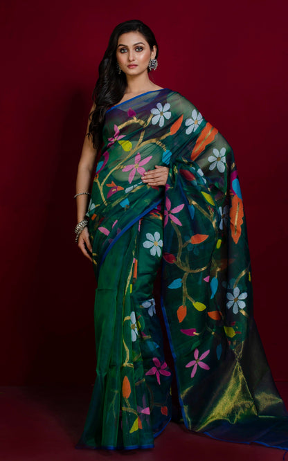 Peacock and Floral Motif Work Muslin Silk Jamdani Saree in Phthalo Green, Blue and Multicolored Thread Work