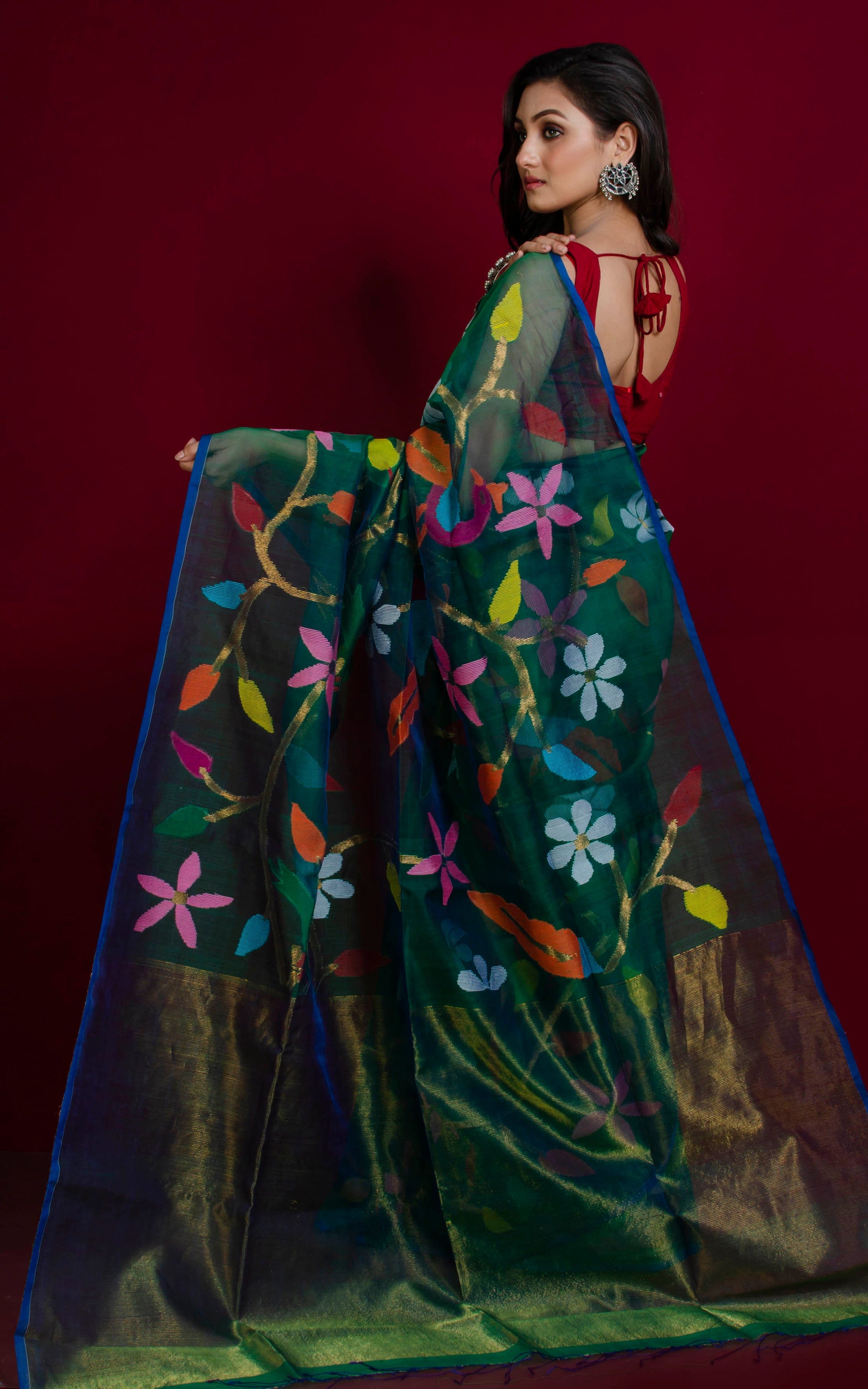 Peacock and Floral Motif Work Muslin Silk Jamdani Saree in Phthalo Green, Blue and Multicolored Thread Work