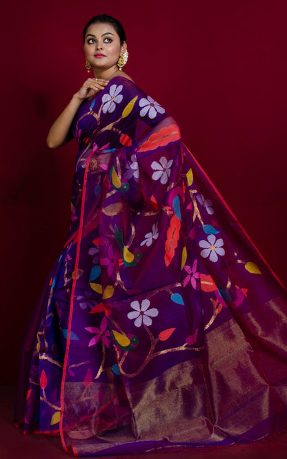 Peacock and Floral Motif Work Muslin Silk Jamdani Saree in Purplish Blue, Red and Multicolored Thread Work