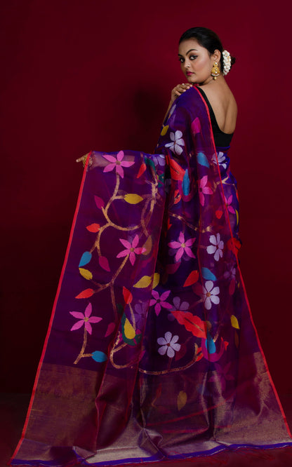 Peacock and Floral Motif Work Muslin Silk Jamdani Saree in Purplish Blue, Red and Multicolored Thread Work