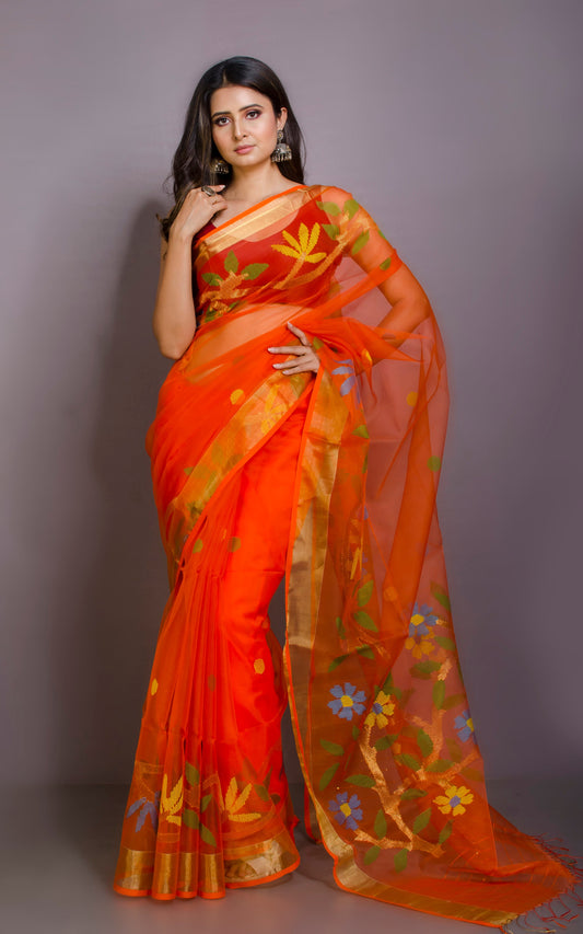 Skirt Border Work Muslin Silk Jamdani Saree in Orange and Multicolored Thread Work