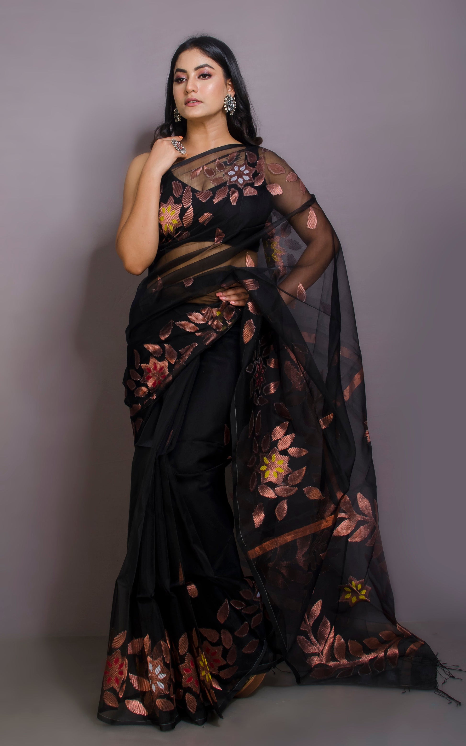 Soft Muslin Jamdani Saree in Jet Black, Copper and Multicolored Meenakari Work.