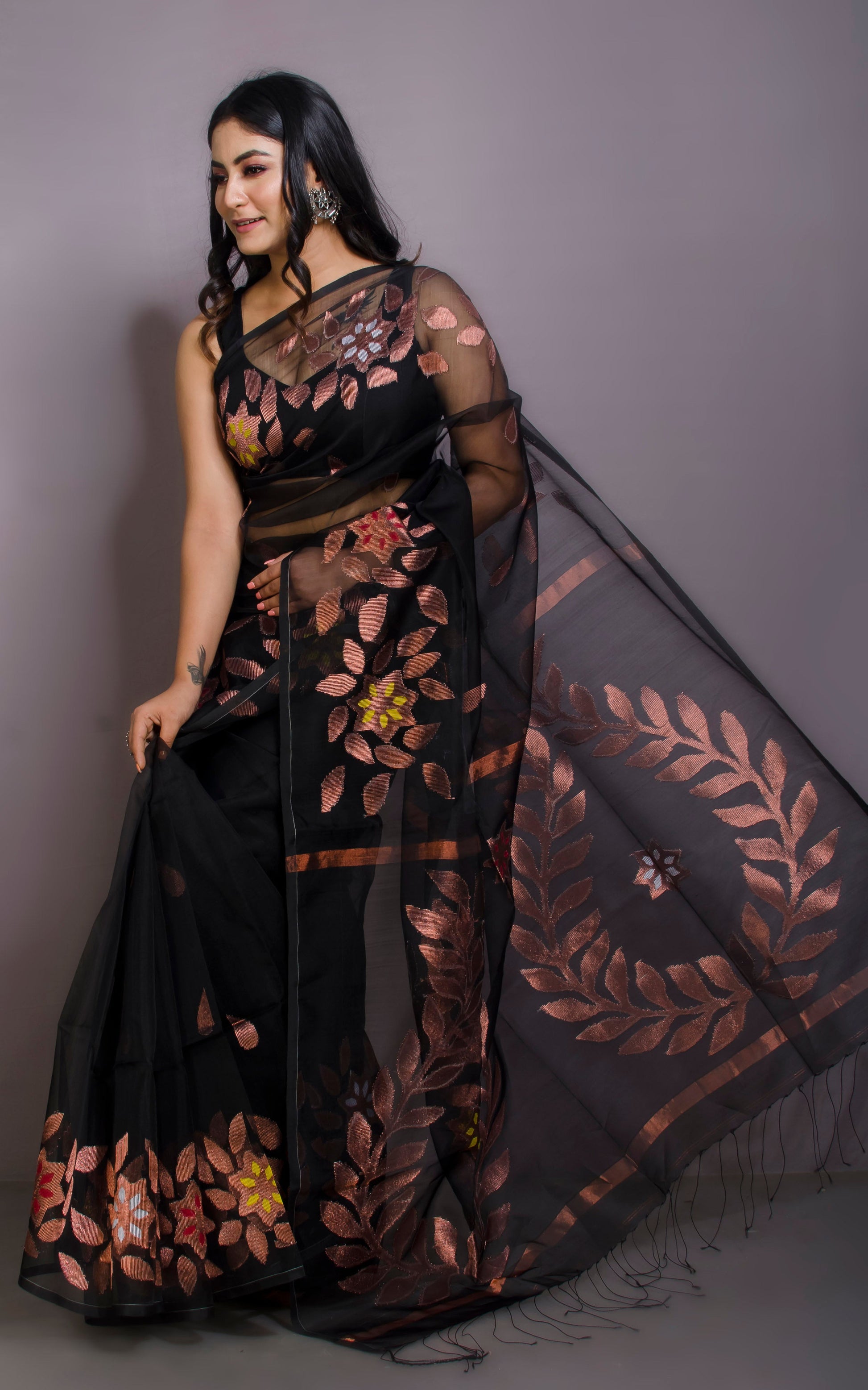 Soft Muslin Jamdani Saree in Jet Black, Copper and Multicolored Meenakari Work.