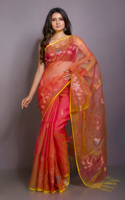 Soft Muslin Jamdani Saree in Peach Gold and Multicolored Meenakari Work.