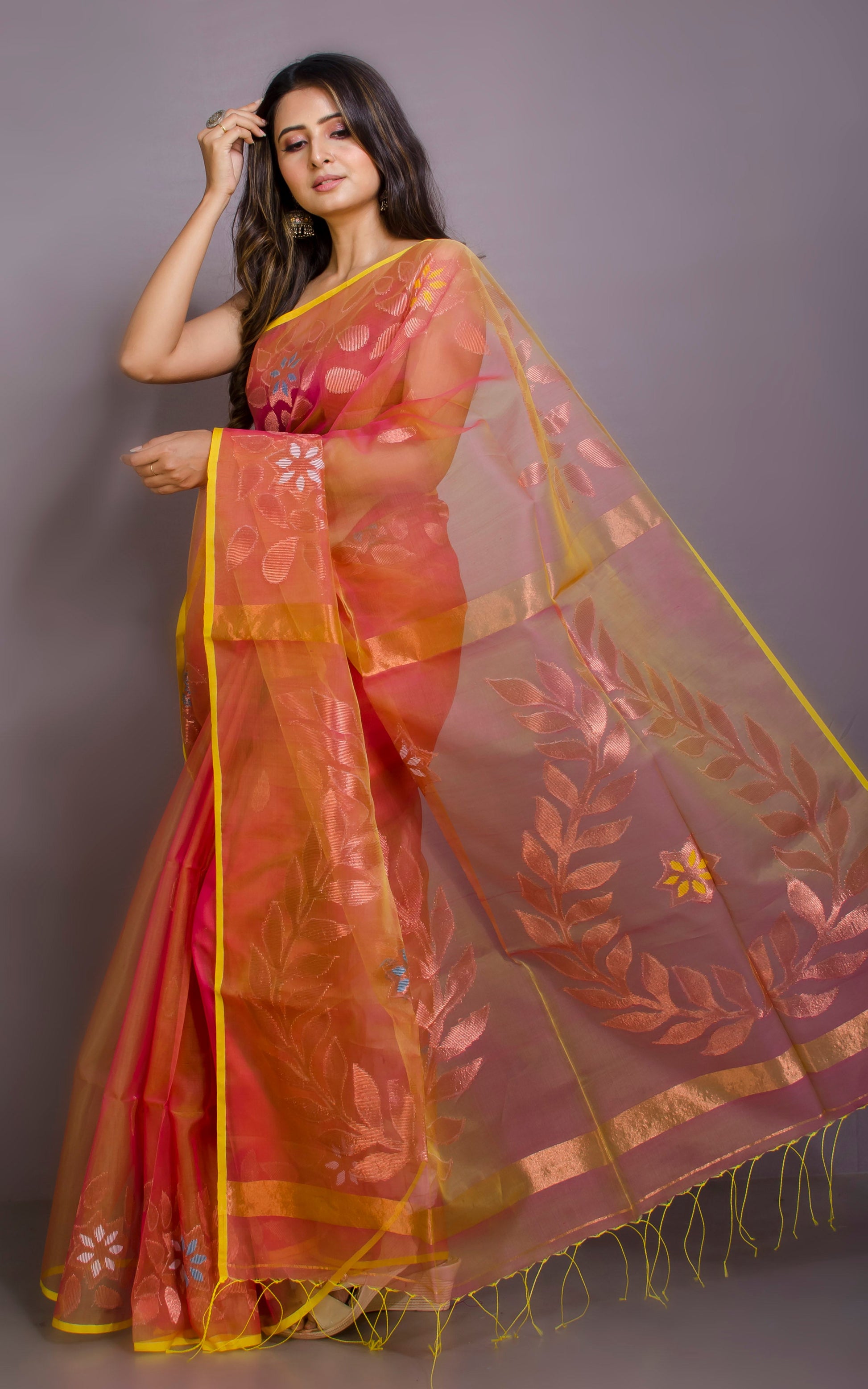 Soft Muslin Jamdani Saree in Peach Gold and Multicolored Meenakari Work.