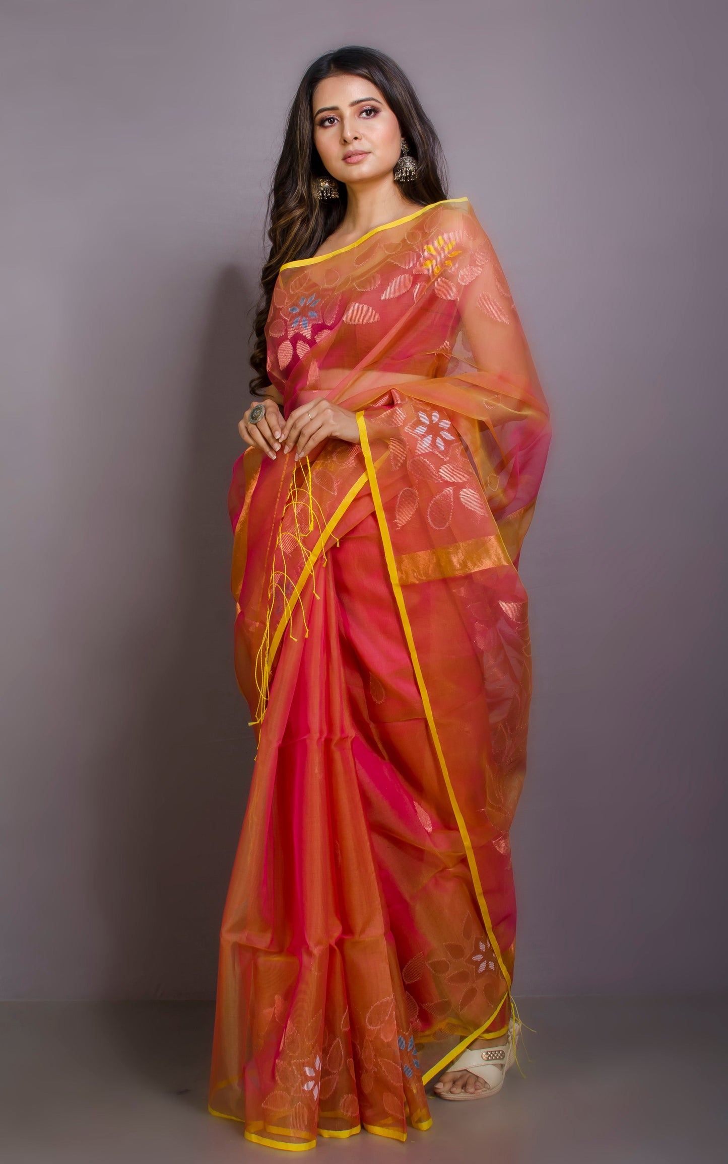 Authentic Soft Silk Muslin Jamdani Saree in Peach Gold and Multicolored Meenakari Work