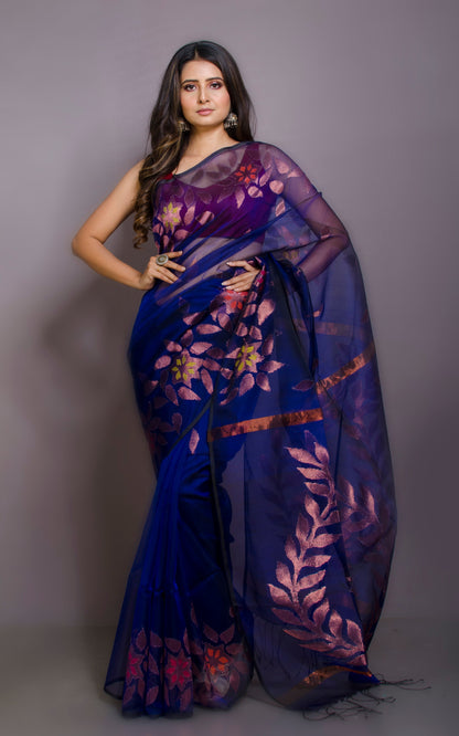 Soft Muslin Jamdani Saree in Dark Blue, Copper and Multicolored Meenakari Work.