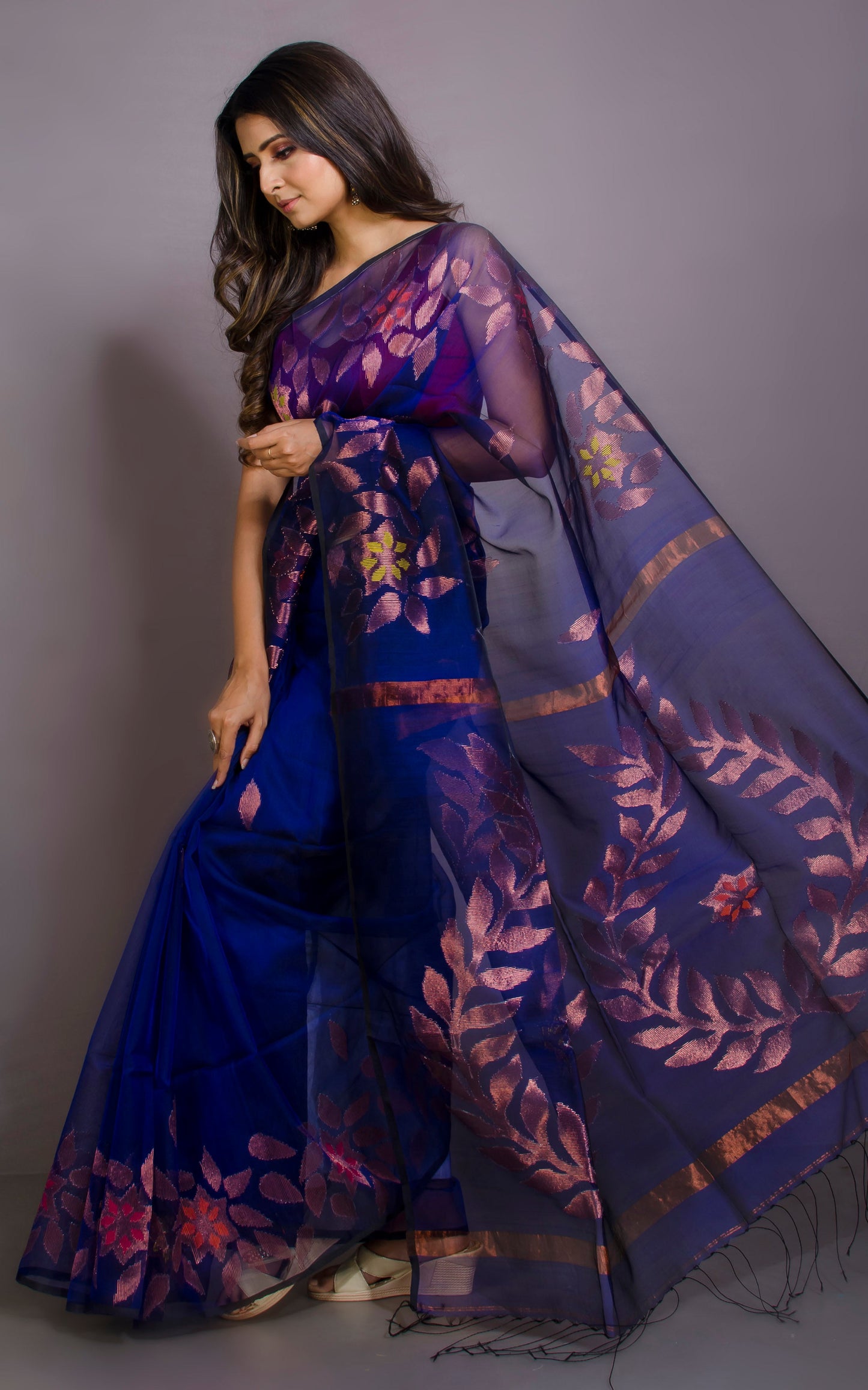 Soft Muslin Jamdani Saree in Dark Blue, Copper and Multicolored Meenakari Work.