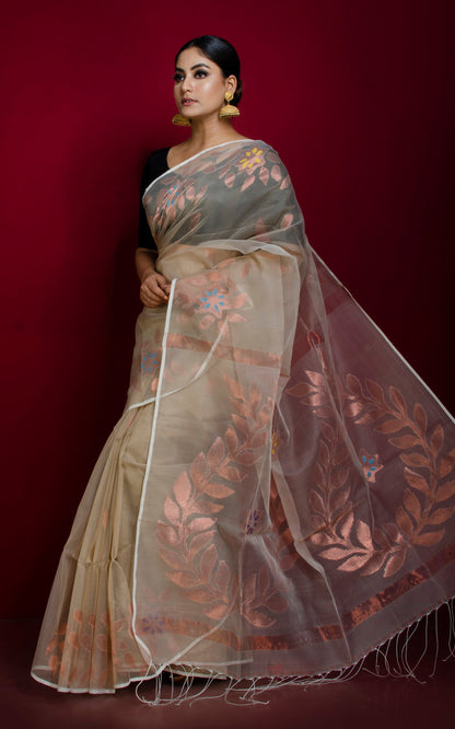 Soft Muslin Jamdani Saree in Beige, Gold and Multicolored Meenakari Work.