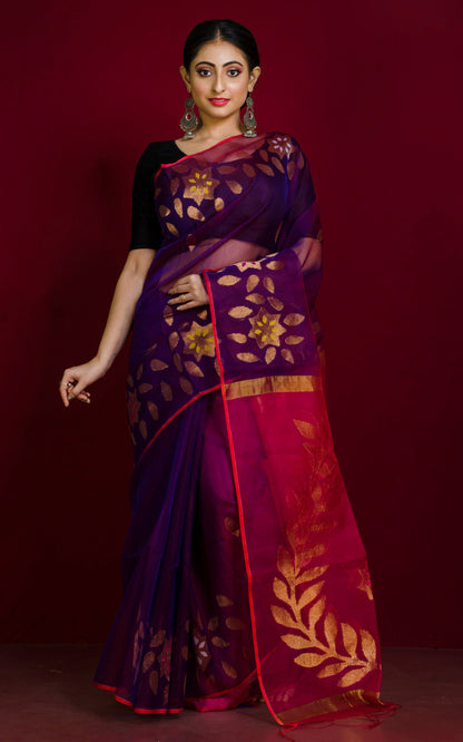 Soft Muslin Jamdani Saree in Dark Purple, Red and Multicolored Meenakari Work.