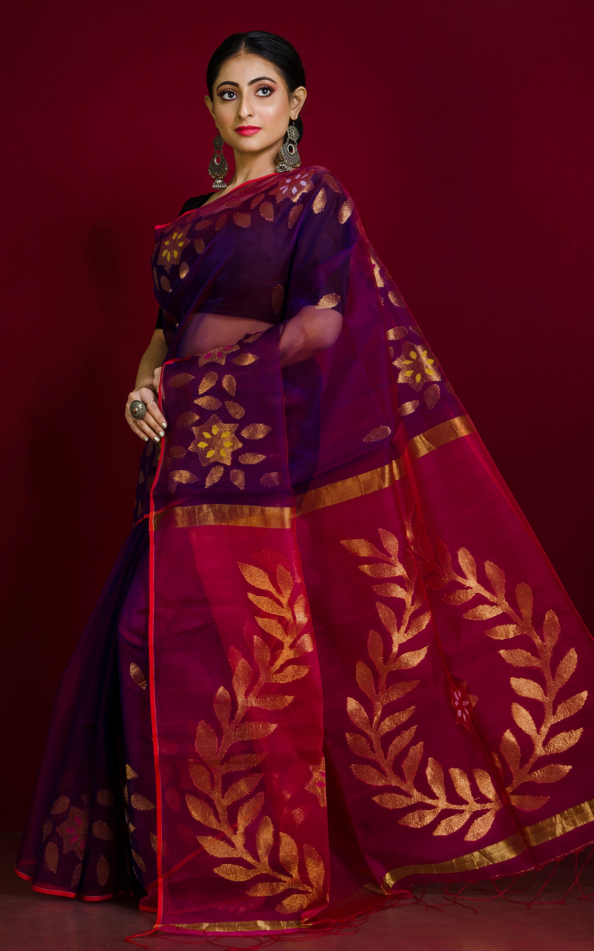 Soft Muslin Jamdani Saree in Dark Purple, Red and Multicolored Meenakari Work.