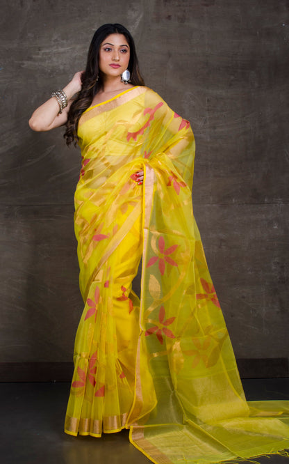 Traditional Soft Muslin Jamdani Saree in Lemon Yellow, Red and Gold