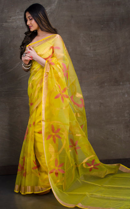 Traditional Soft Muslin Jamdani Saree in Lemon Yellow, Red and Gold