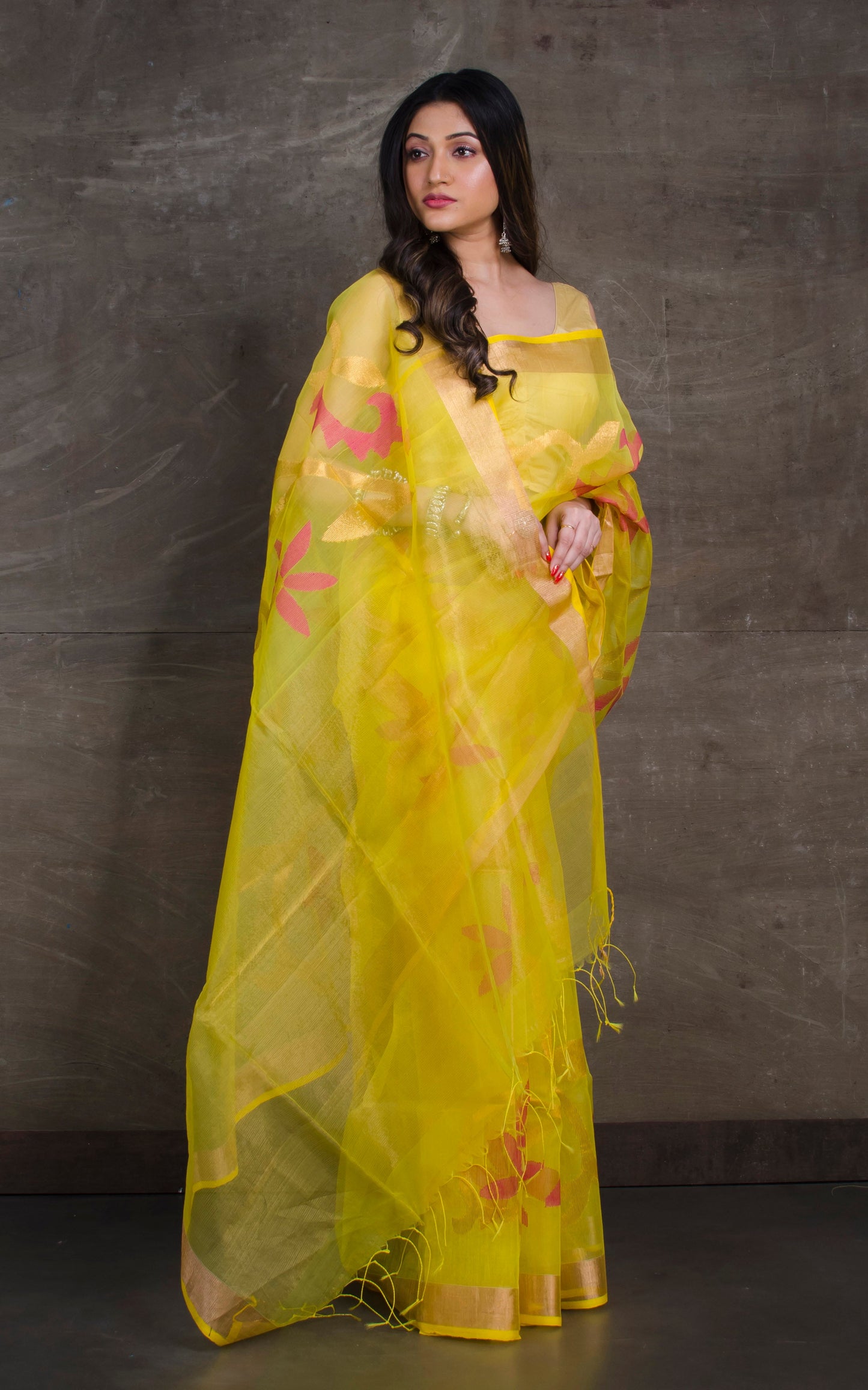 Traditional Soft Muslin Jamdani Saree in Lemon Yellow, Red and Gold