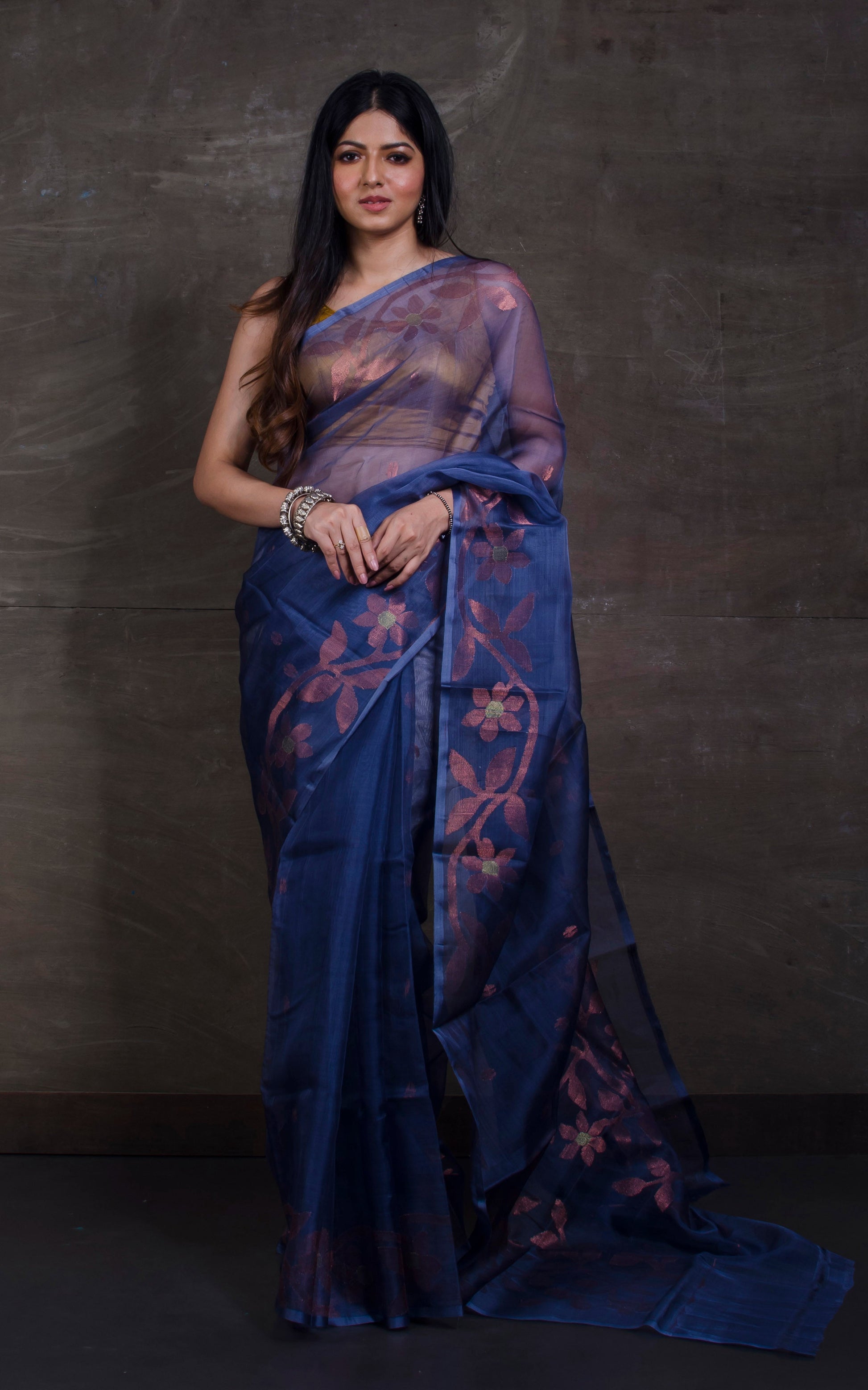 Silk Jamdani Saree in Steel Grey and Copper Zari Work