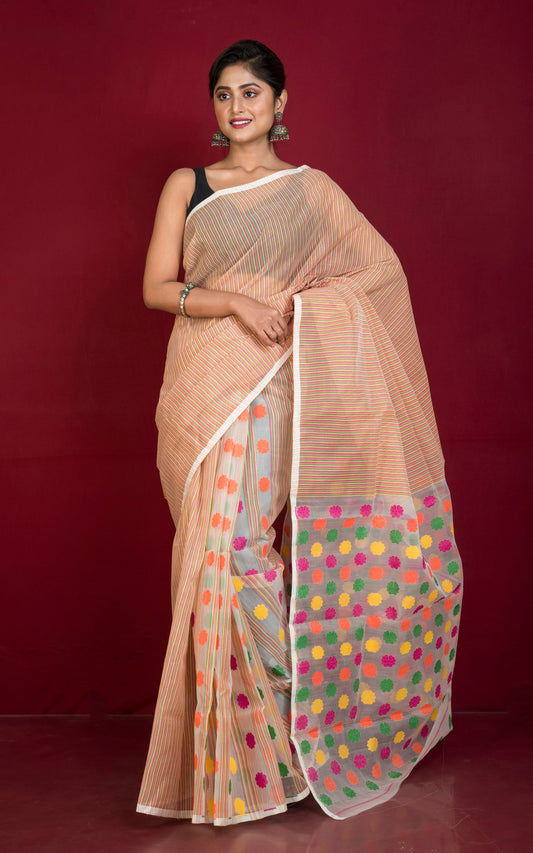 Patli Pallu Blended Cotton Jamdani Saree in off White and Orange.