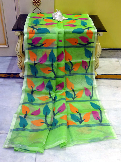 Leaf Motif Nakshi Silk Jamdani Saree in Mint Green and Multicolored Thread Work