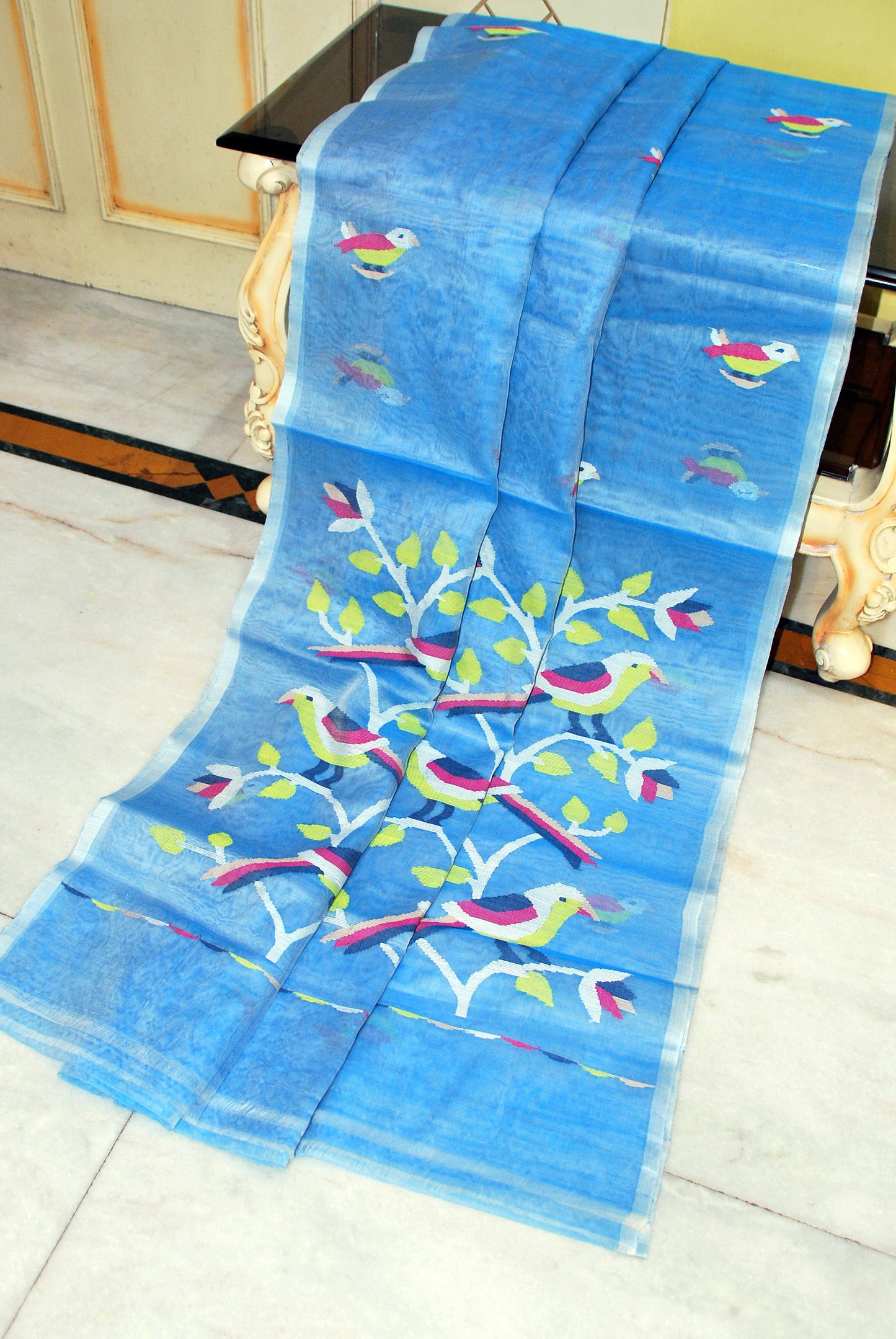 Muniya Woven Motif Silk Muslin Jamdani Saree in Ice Blue, Off White and Multicolored Thread Work