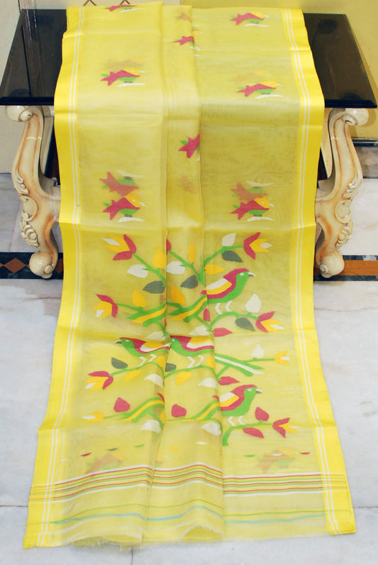 Muniya Woven Motif Silk Muslin Jamdani Saree in Pastel Yellow, Hot Pink and Multicolored Thread Work