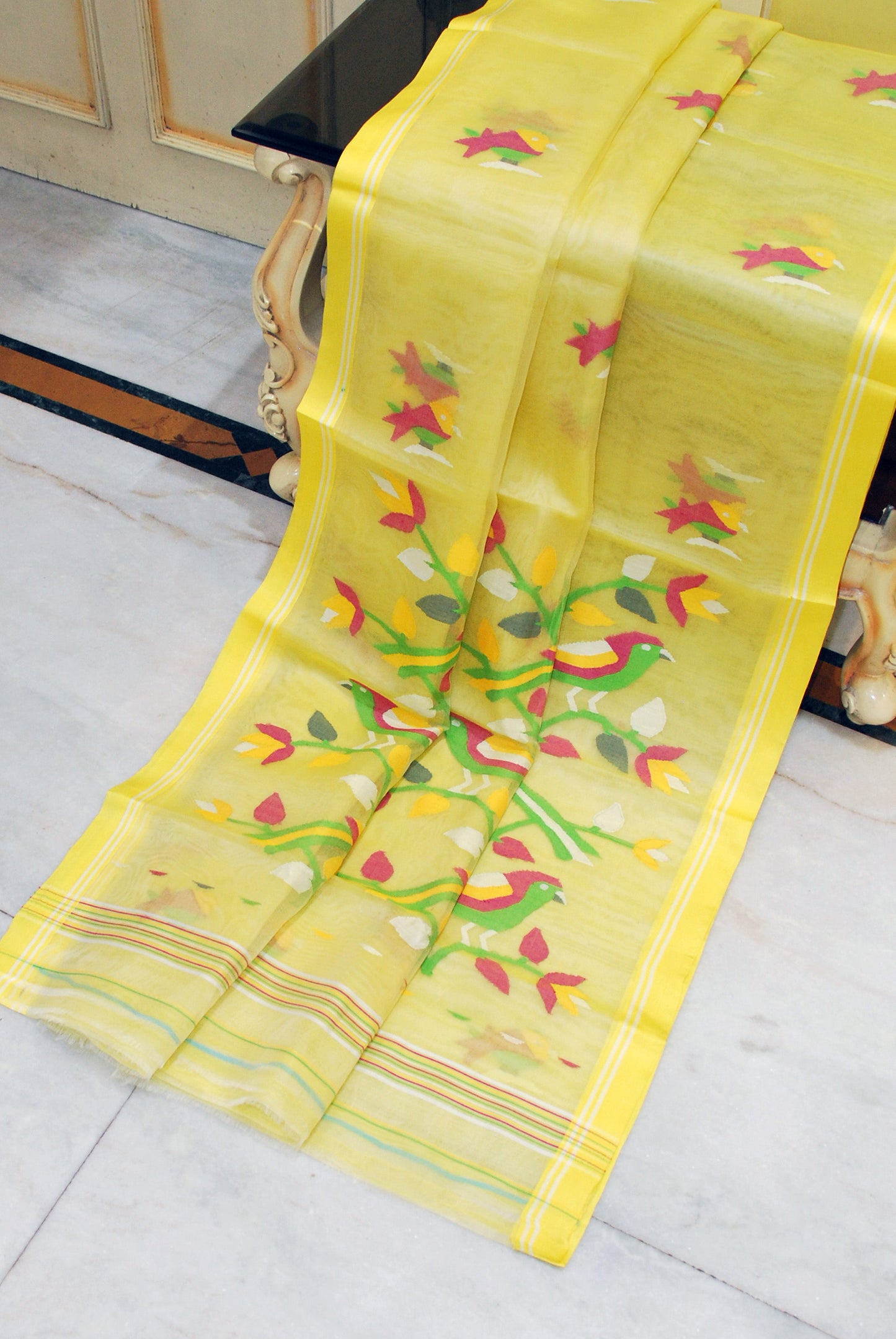 Muniya Woven Motif Silk Muslin Jamdani Saree in Pastel Yellow, Hot Pink and Multicolored Thread Work