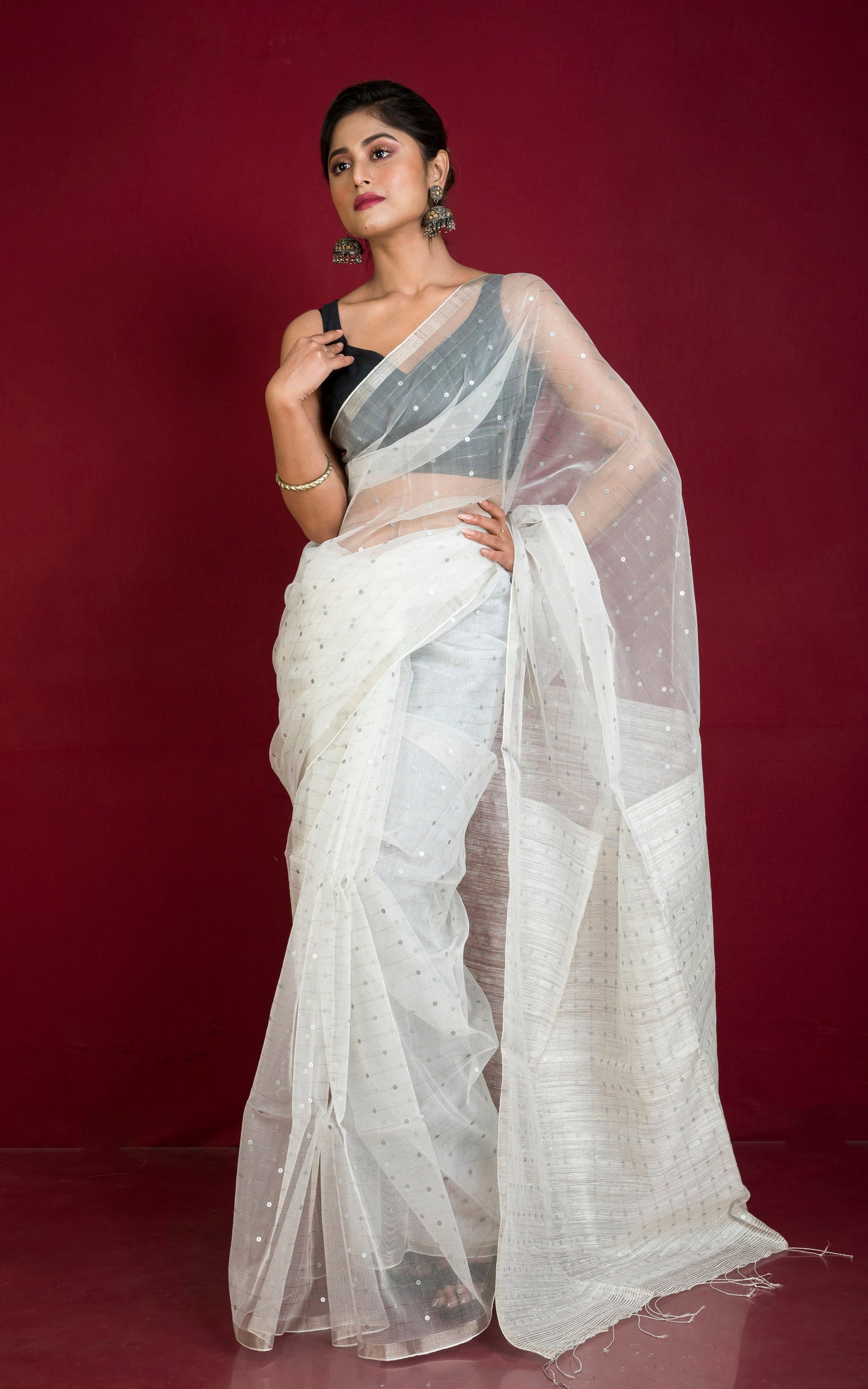 Sequin Inlaid Muslin Silk Saree with Raw Silk Pallu in White and Silver