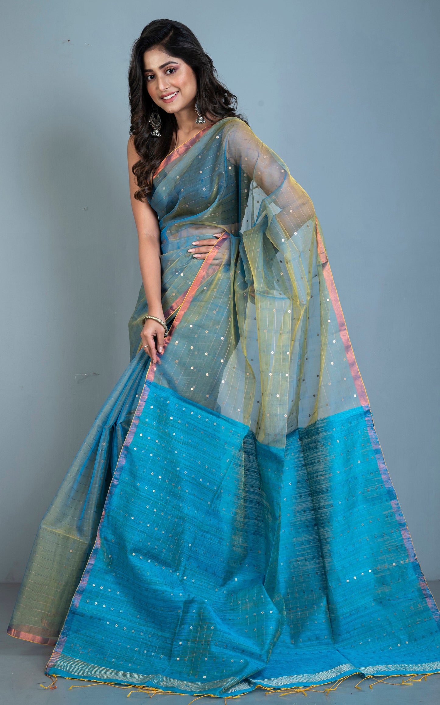 Sequin Inlaid Muslin Silk Saree with Raw Silk Pallu in Dirty Gold, Turquoise and Copper