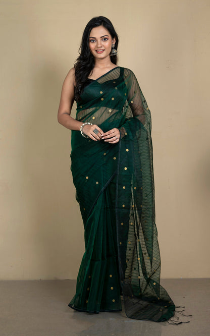 Designer Woven Antique Ginni Work Skirt Border Muslin Matka Silk Saree in Dark Green and Antique Gold