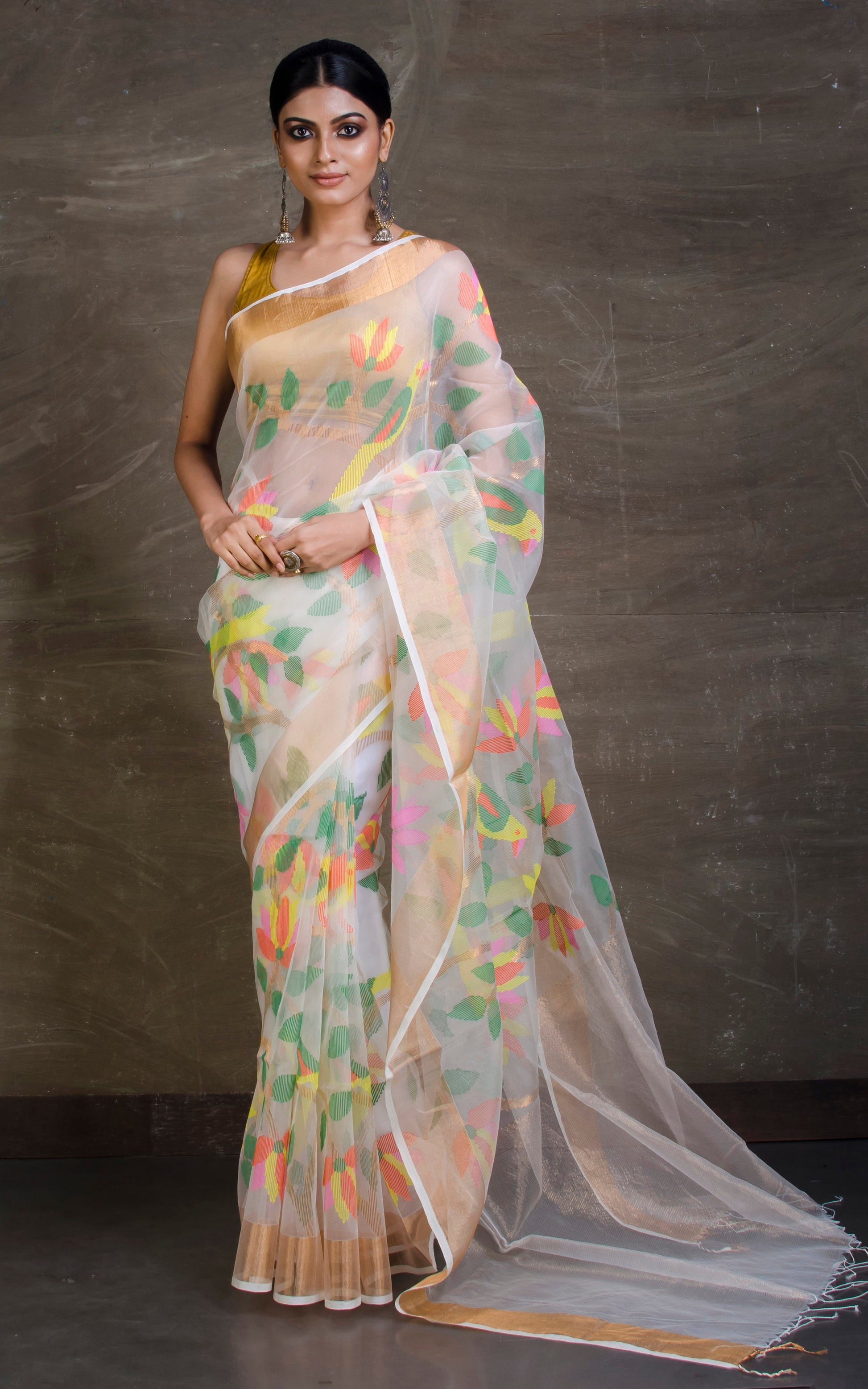 Bird Motif Muslin Jamdani Saree in Off White and Multicolored Thread Work.