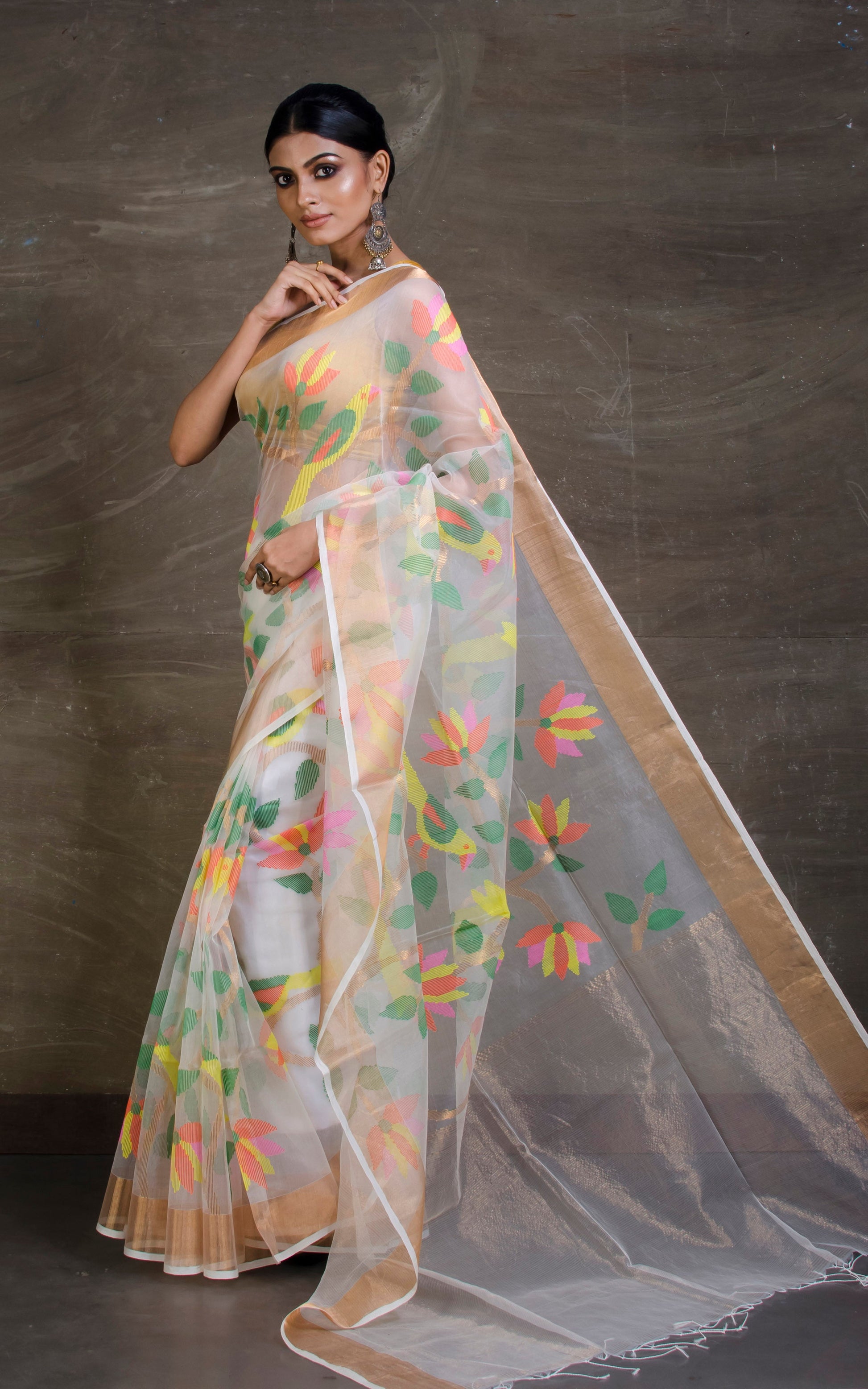 Bird Motif Muslin Jamdani Saree in Off White and Multicolored Thread Work.