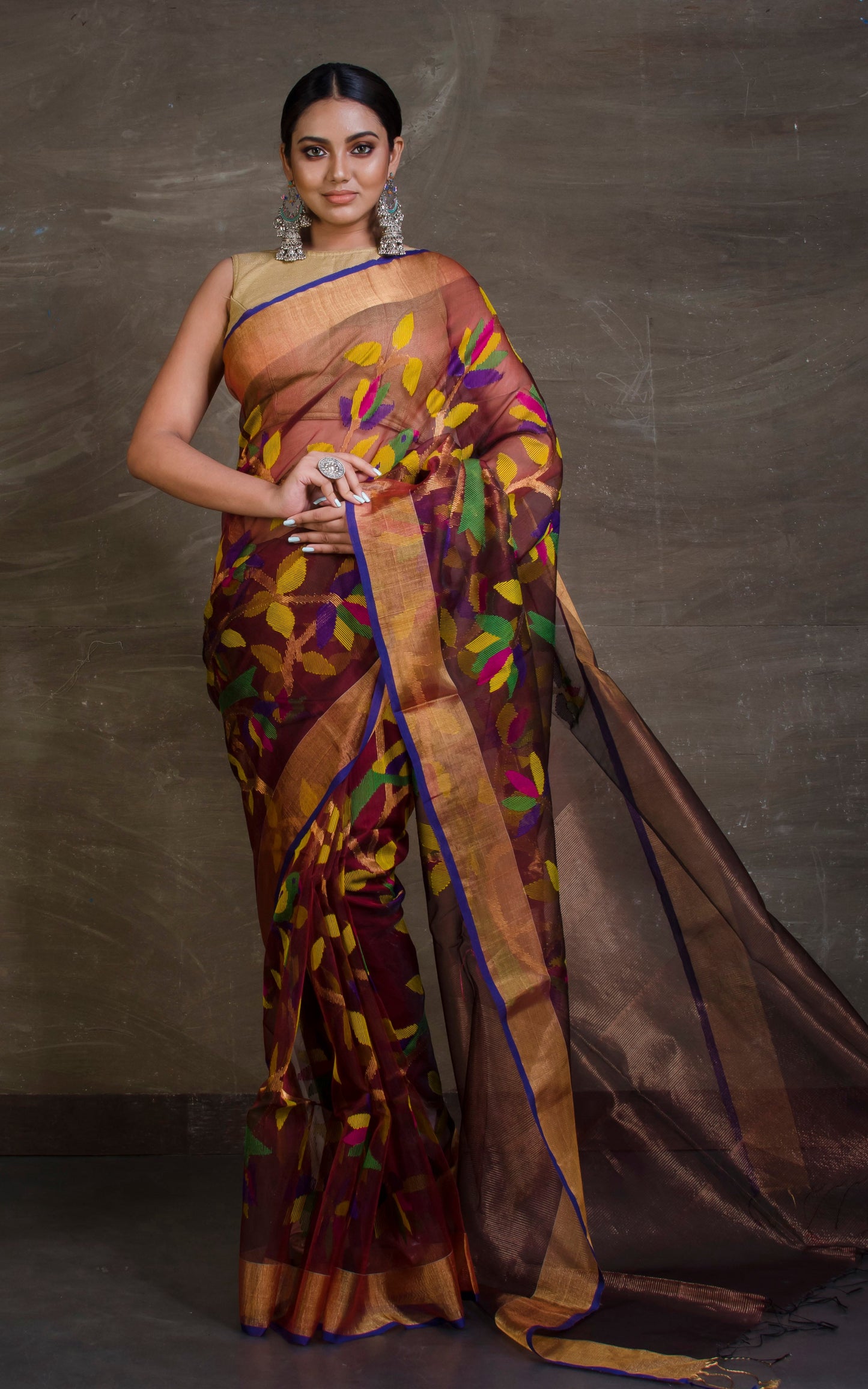 Bird Motif Muslin Jamdani Saree in Wine, Royal Blue and Multicolored Thread Work.