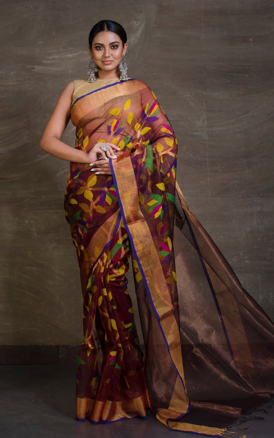 Bird Motif Muslin Jamdani Saree in Wine, Royal Blue and Multicolored Thread Work.