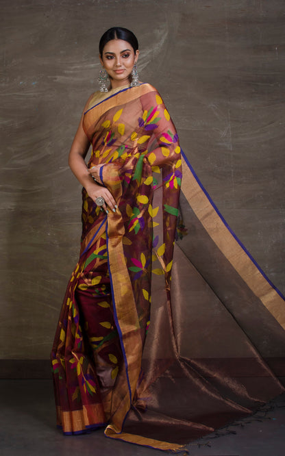 Bird Motif Muslin Jamdani Saree in Wine, Royal Blue and Multicolored Thread Work.