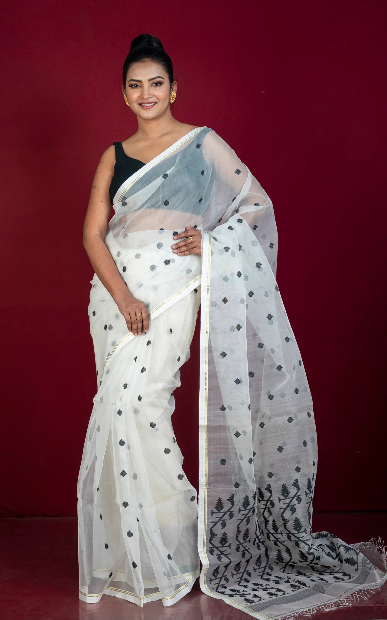 Satin Border Muslin Jamdani Saree in Off White - Bengal Collection.