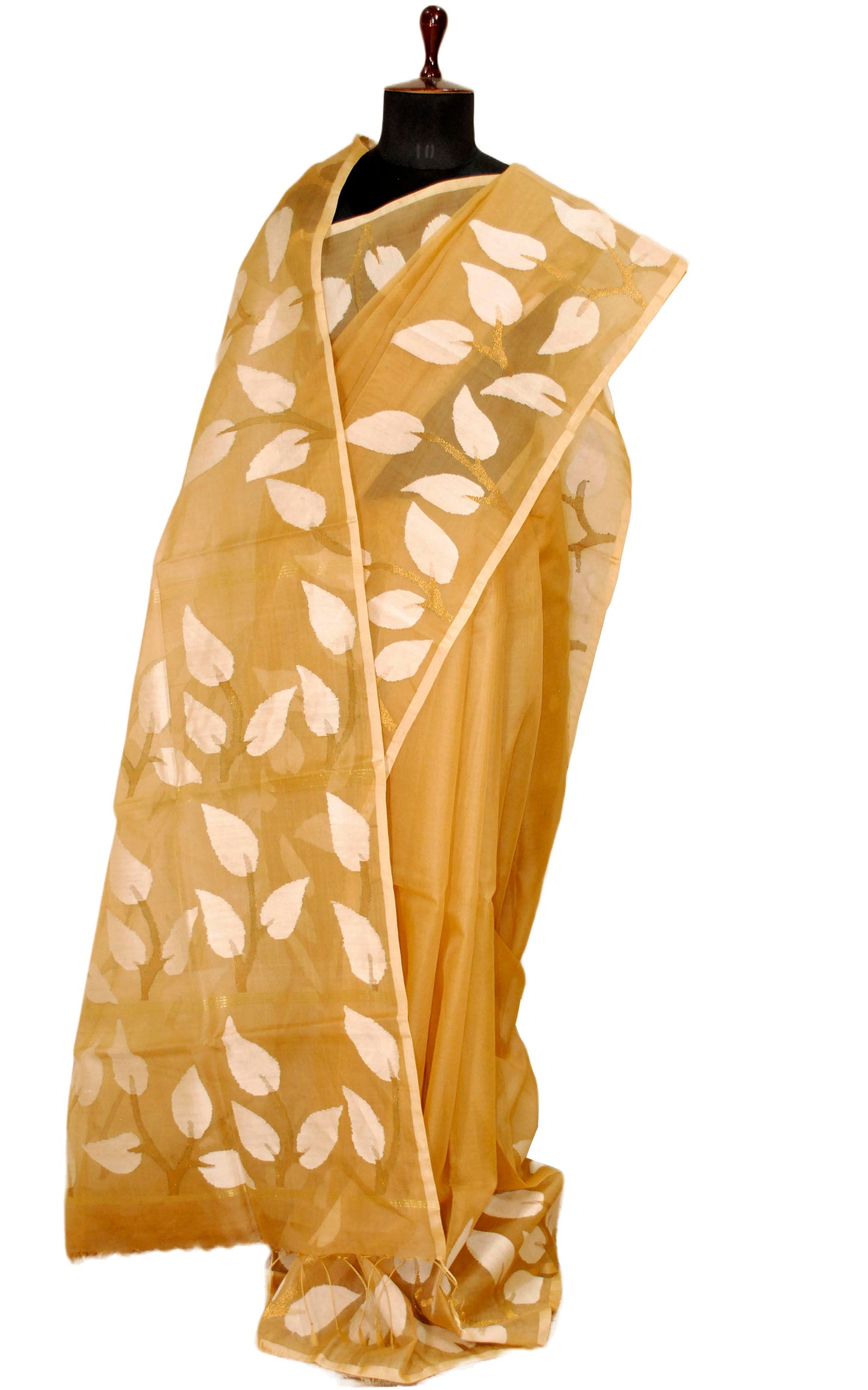 Leaf Nakshi Motif Muslin Silk Jamdani Saree in Beige, White and Antique Gold.