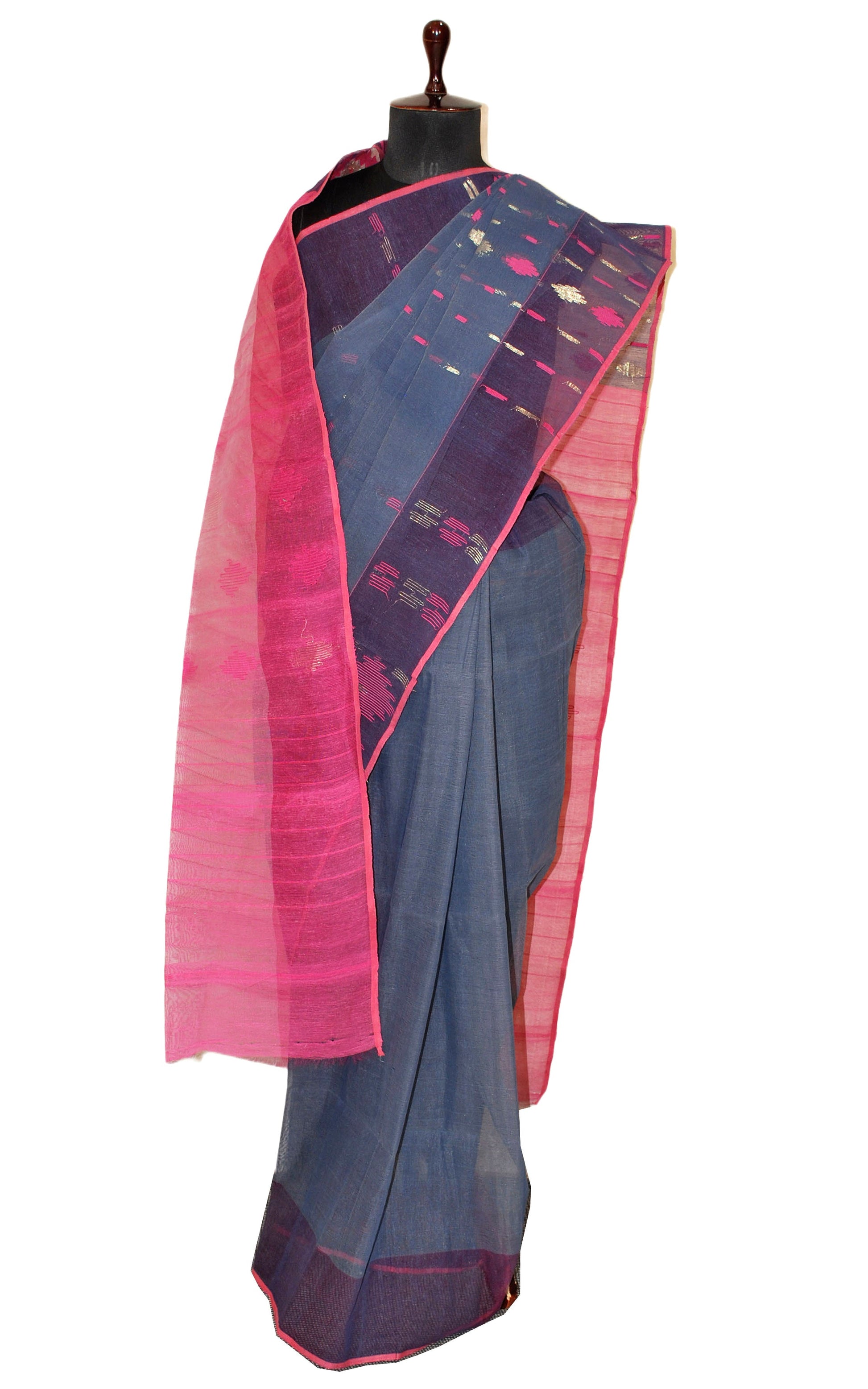 Hand Karat Work Muslin Jamdani Saree in Anchor Grey, Hot Pink and Muted Gold