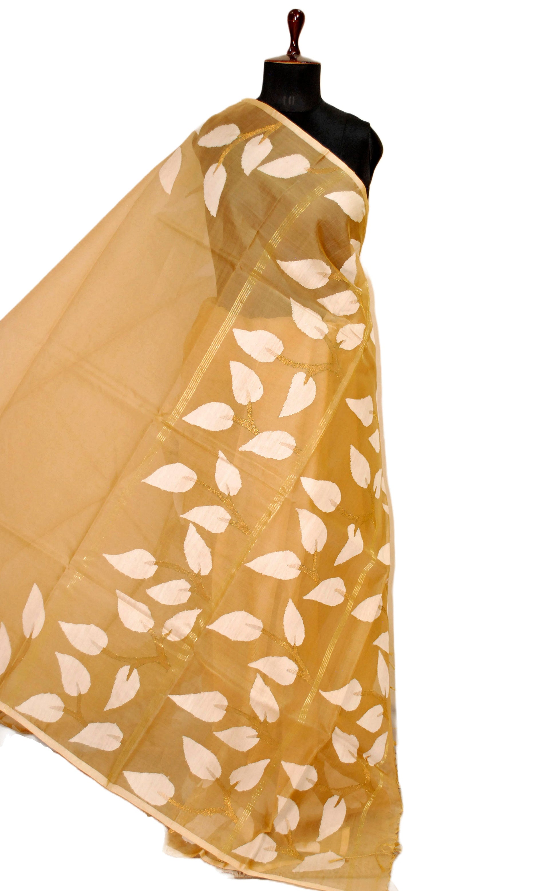 Leaf Nakshi Motif Muslin Silk Jamdani Saree in Beige, White and Antique Gold.