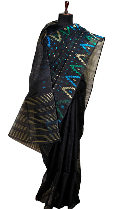 Hand Karat Work Muslin Jamdani Saree in Black and Multicolored Zari Nakshi Work