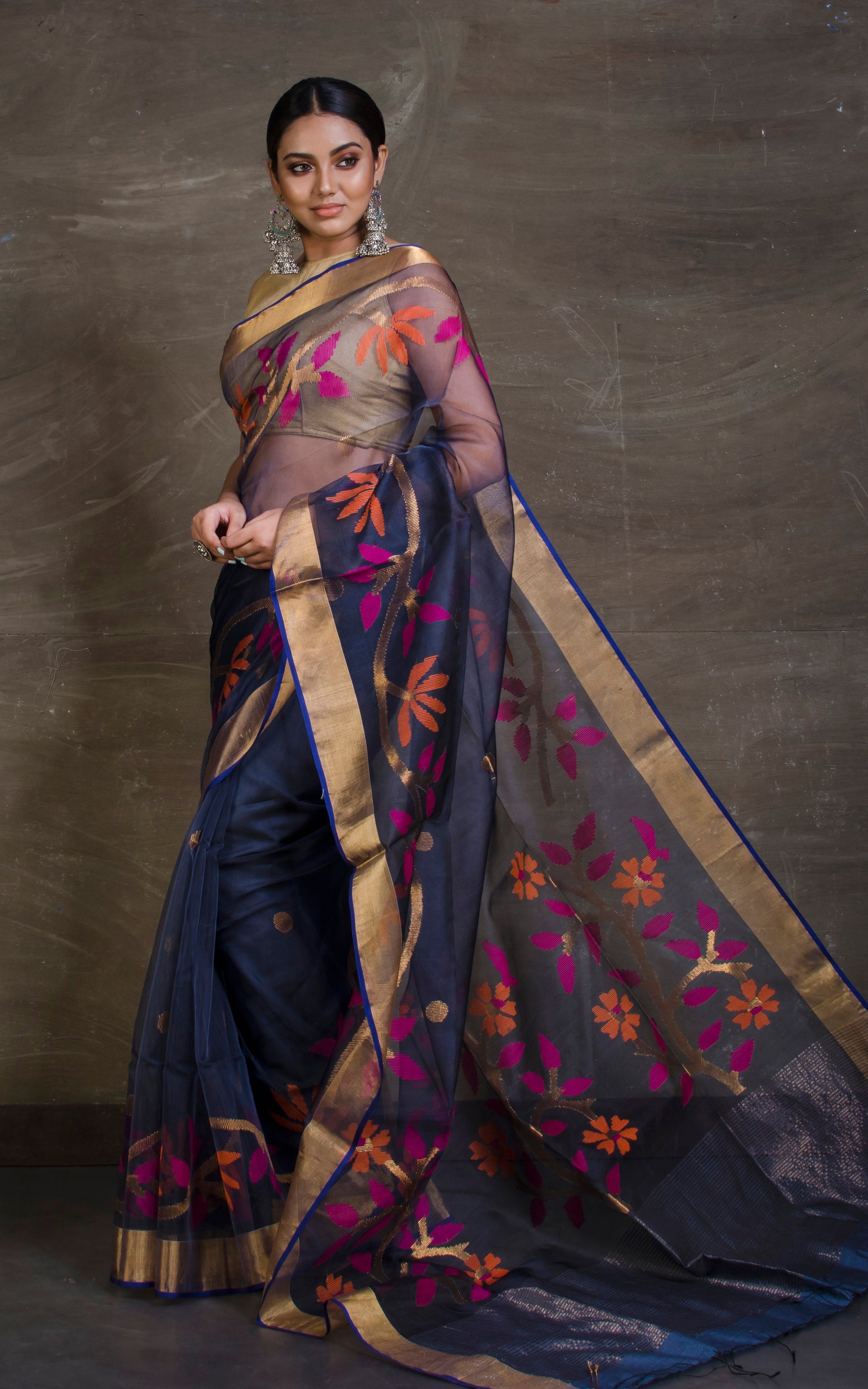 Skirt Border Work Muslin Jamdani Saree in Dark Blue and Multicolored Thread Work