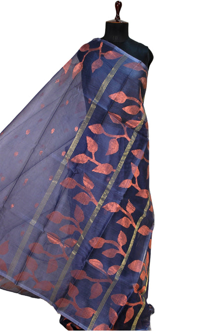 Leaf Motif Nakshi Silk Jamdani Saree in Slate Grey & Copper