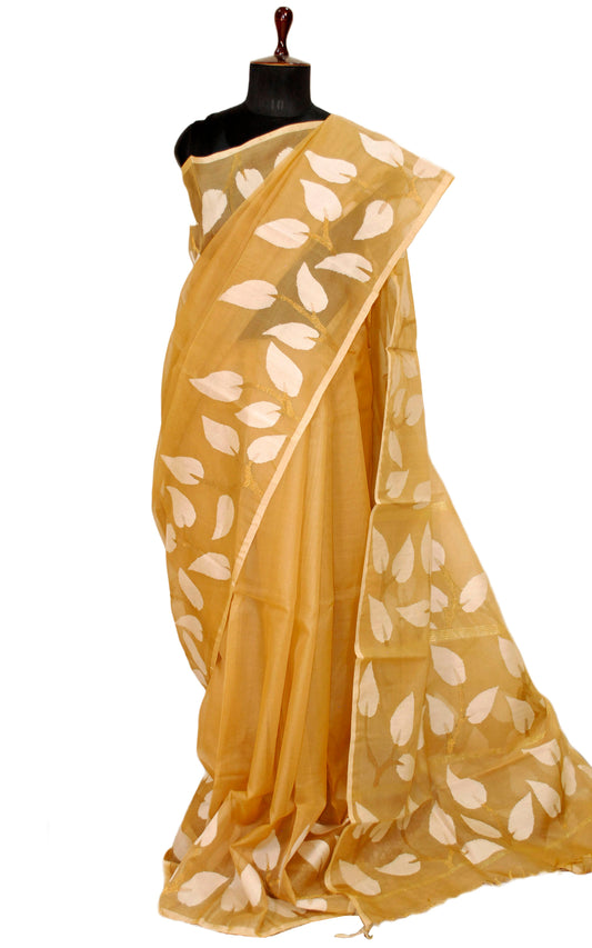 Leaf Nakshi Motif Muslin Silk Jamdani Saree in Beige, White and Antique Gold.