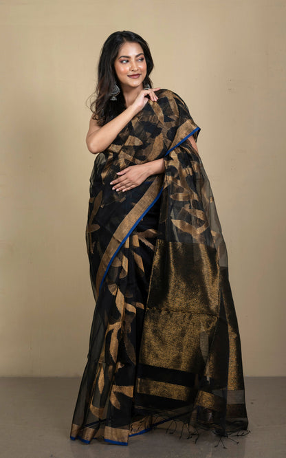 Jangla Jaal Work Muslin Silk Jamdani Saree in Black, Royal Blue and Antique Gold