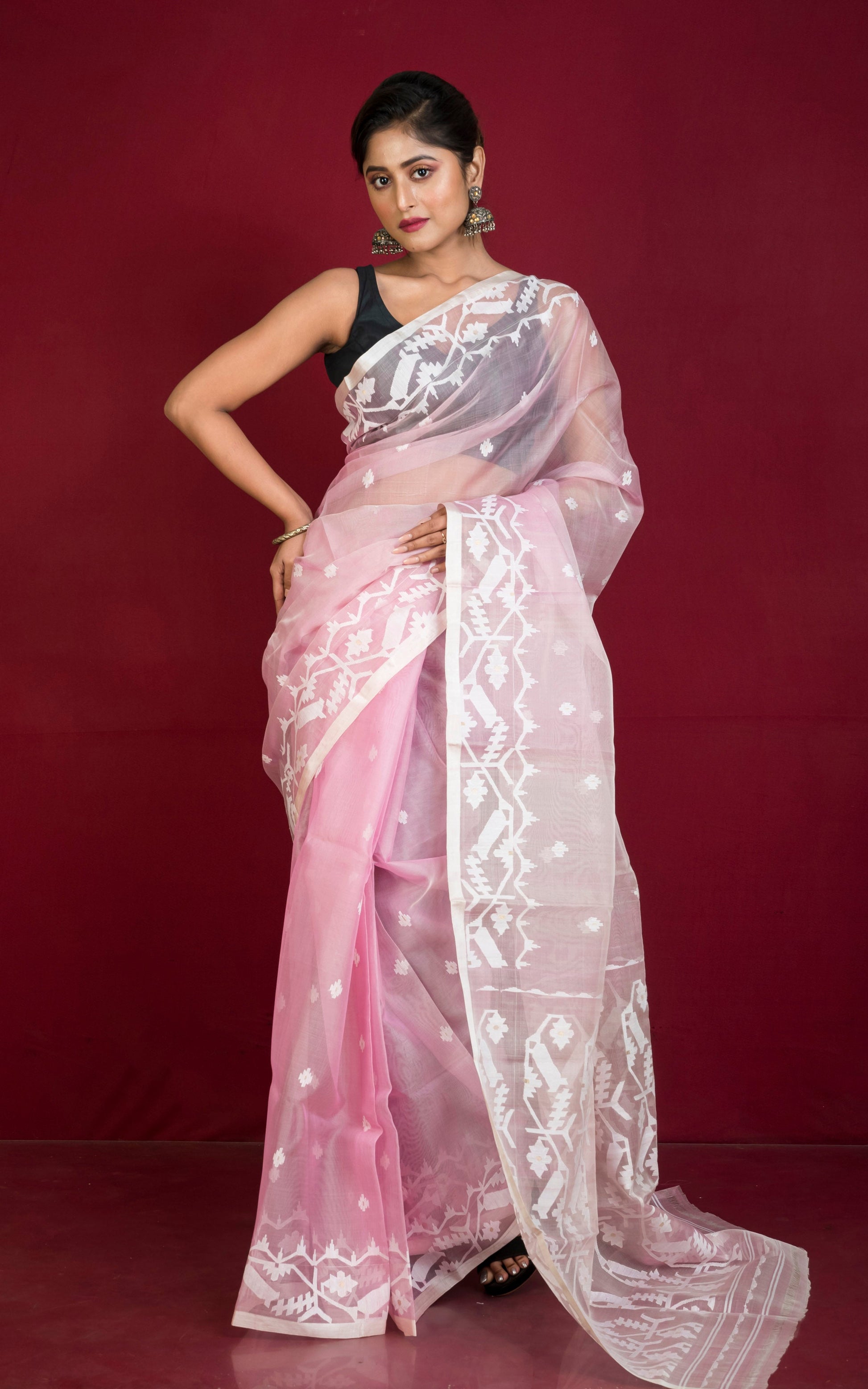 Premium Quality Traditional Karat Work Silk Jamdani Saree in Pastel Pink, Beige and White