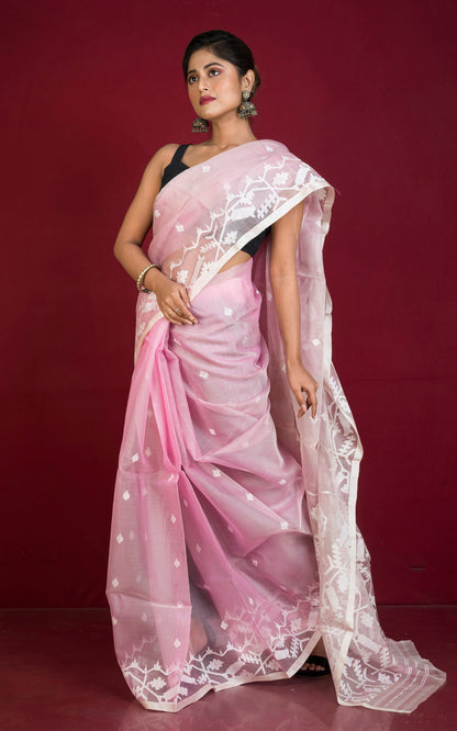 Premium Quality Traditional Karat Work Silk Jamdani Saree in Pastel Pink, Beige and White