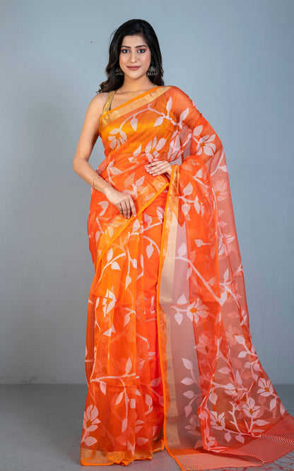 Premium Quality Muslin Silk Jamdani Saree in Orange with Off White Nakshi Thread Work