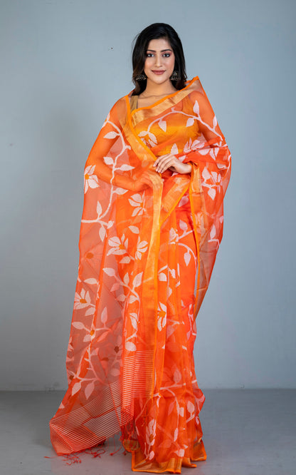 Premium Quality Muslin Silk Jamdani Saree in Orange with Off White Nakshi Thread Work