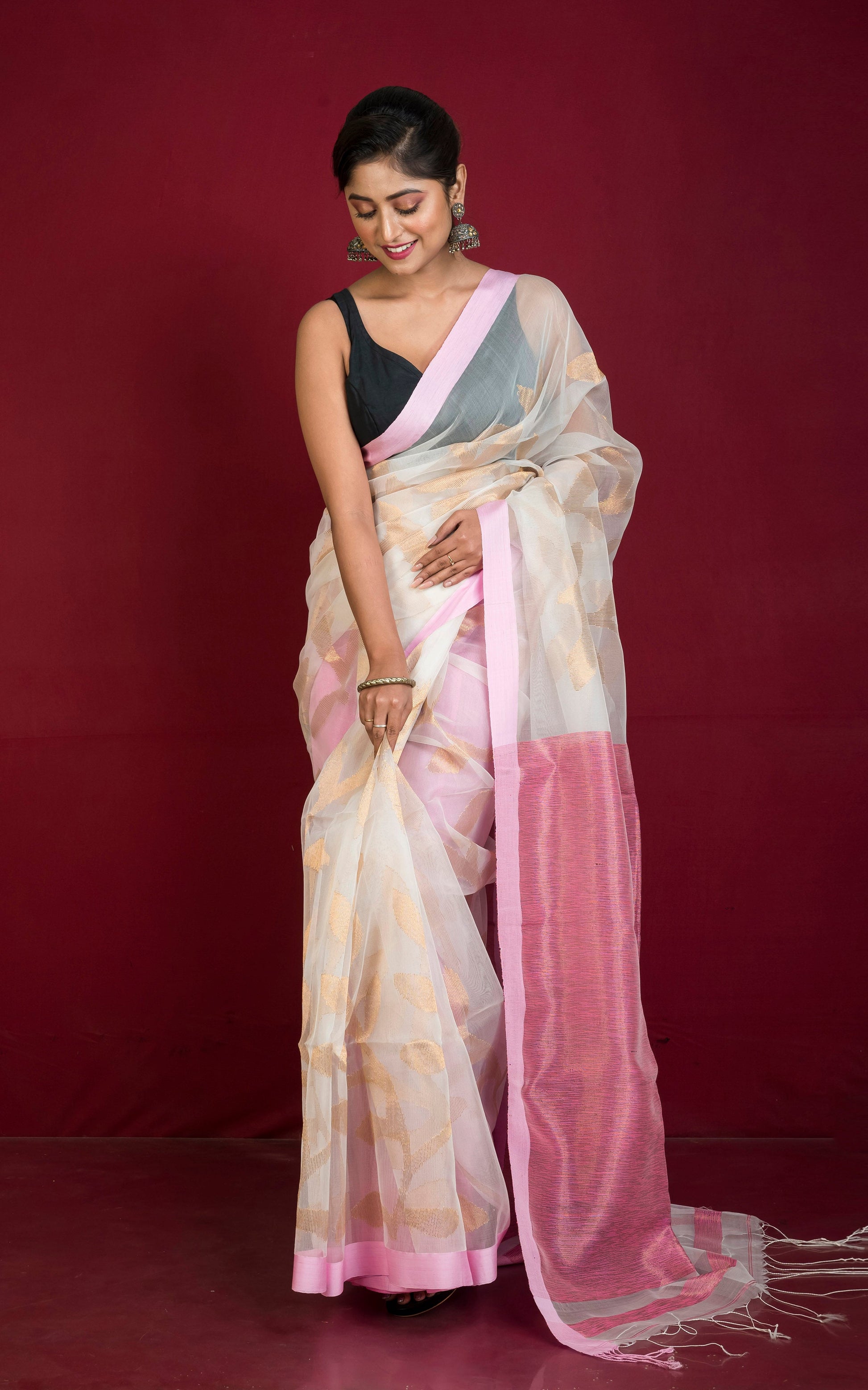 Jangla Jaal Work Muslin Silk Jamdani Saree in Off White, Pastel Pink and Antique Gold