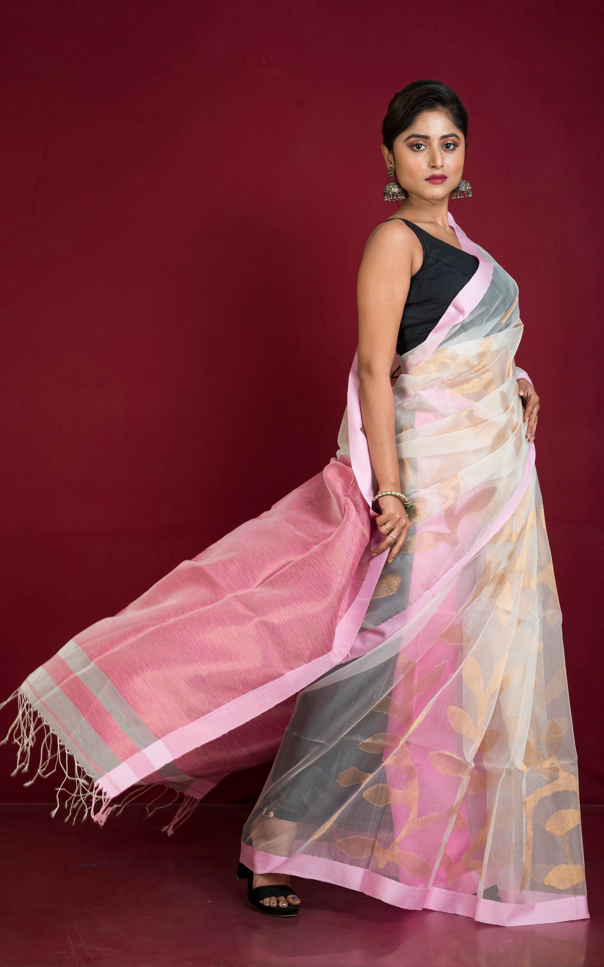 Jangla Jaal Work Muslin Silk Jamdani Saree in Off White, Pastel Pink and Antique Gold